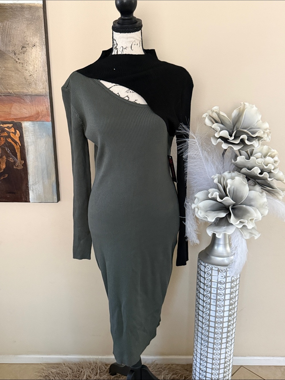 No Boundaries Olive & Black One-Shoulder Cutout Ribbed Dress